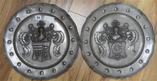 Two Armorial pewter plates diameter 39cm